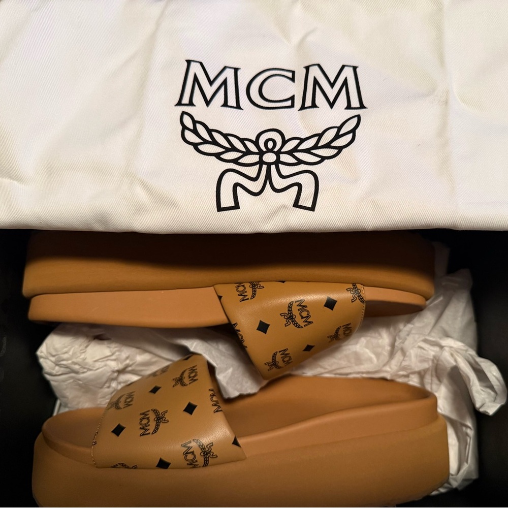 MCM Brown Slide Sandals with Black Logo.  Make me an offer 😇🙏🏼